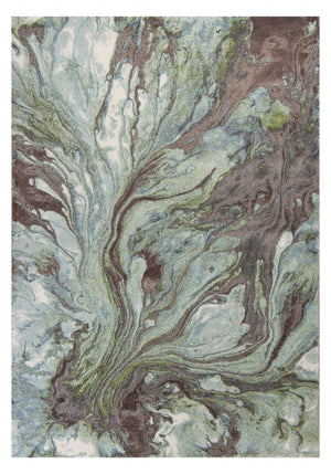 9' X 13' Green And Brown Abstract Marble Area Rug