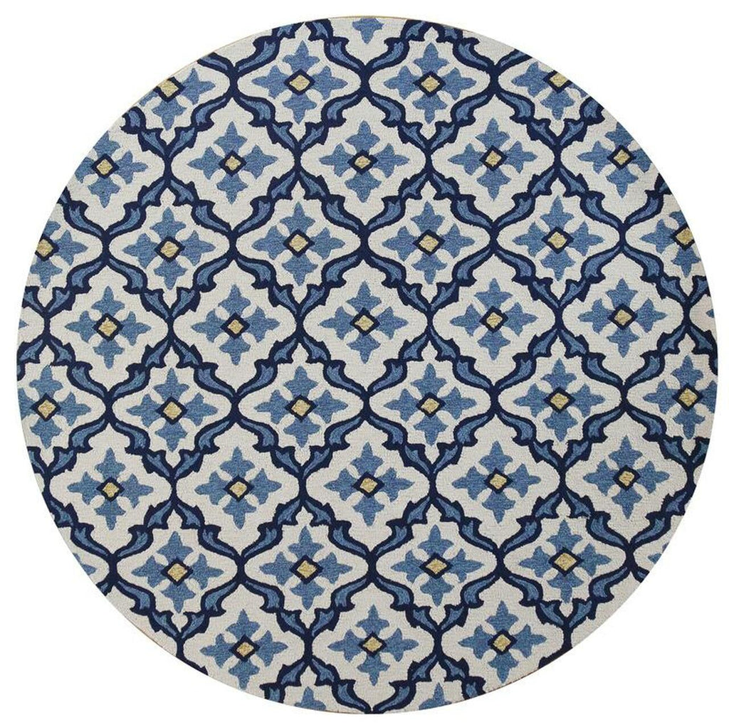 8' Ivory Blue Hand Hooked Uv Treated Coastal Reef Round Indoor Outdoor Area Rug