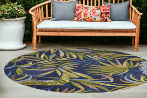 8' Ink Blue Hand Hooked Uv Treated Oversized Tropical Leaves Round Indoor Outdoor Area Rug