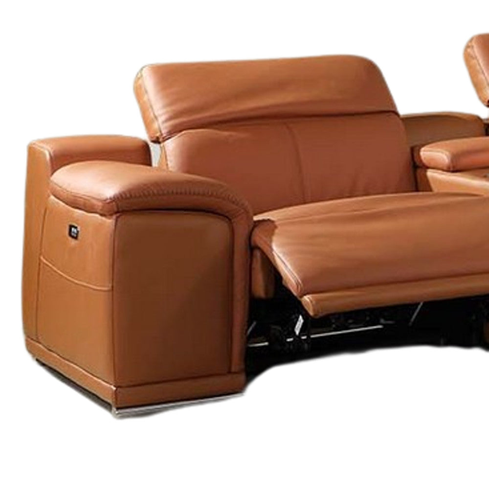 Camel Italian Leather Power Reclining U Shaped Seven Piece Corner Sectional With Console
