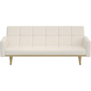 Modern Mid-Century Futon Sleeper Sofa Bed in Sherpa Ivory Fabric Upholstery