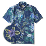 Men's Hawaiian Shirt Short Sleeve Button-down 100% Cotton Green Aloha Tranquil Blue Blossoms