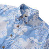 Men's Hawaiian Shirt Short Sleeve Button-down 100% Cotton Blue Aloha Pineapple and Hibiscus Hawaiian Shirt