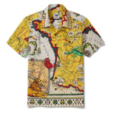 Men's Hawaiian Shirt Short Sleeve Camp Collar 100% Cotton Yellow Aloha Vintage Map