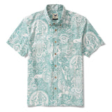 Men's Hawaiian Shirt Short Sleeve Button-down 100% Cotton Green Aloha Egyptian Myths