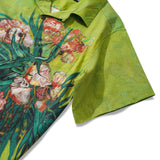 Men's Hawaiian Shirt Short Sleeve Camp Collar 100% Cotton Green Aloha Van Gogh Blossoms