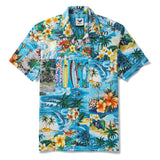 Men's Hawaiian Shirt Short Sleeve Camp Collar 100% Cotton Blue Aloha Hawaiian Beach Collage Art