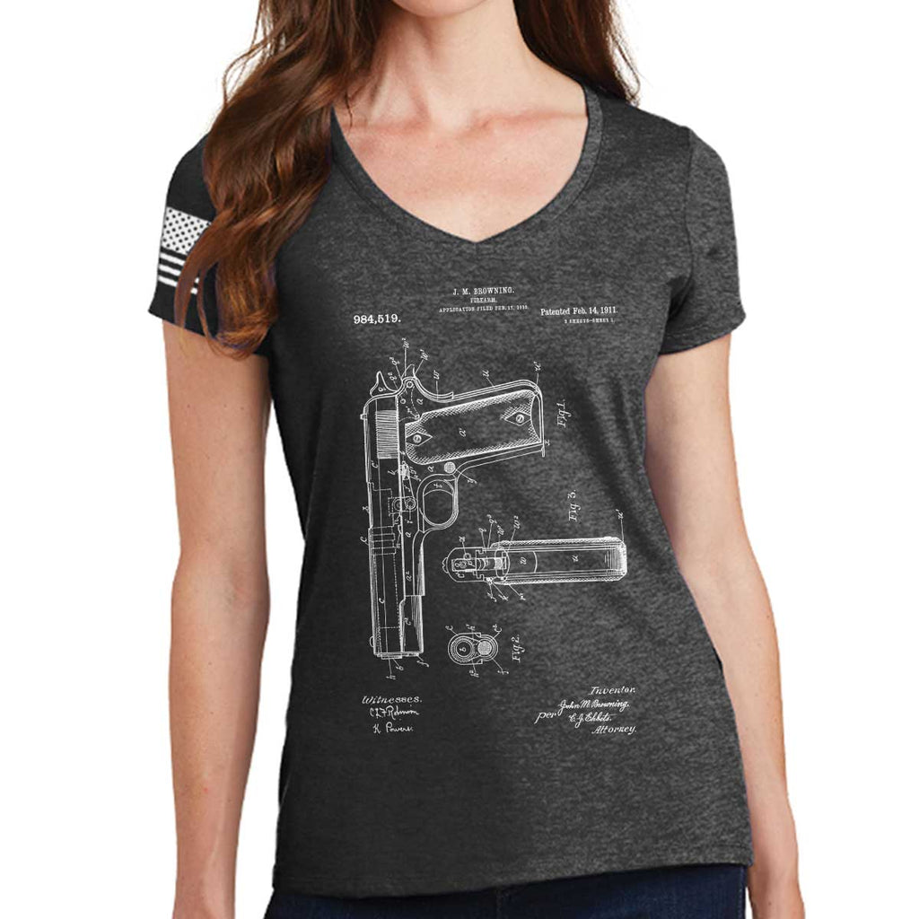 Ladies 1911 Pistol Blueprint V-Neck T-shirt Style001