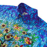 Menâ€™s Blue Hawaiian Shirt â€“ Orchard & Stained Glass Print 100% Cotton Short Sleeve Aloha Shirt