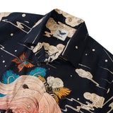 Men's Hawaiian Shirt Short Sleeve Camp Collar 100% Cotton Black Aloha Ukiyo No.3 By Rlon