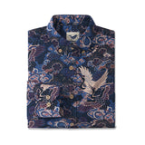 Midnight Blue Crane Reverie 100% Cotton Men's Aloha Hawaiian Long Sleeve Button-down Shirt