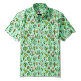 Men's Hawaiian Shirt Short Sleeve Button-down 100% Cotton Green Aloha Western Cactus Oasis