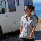 Women's Hawaiian Shirt Tropical Palm Tree Print Cotton Button-up Short Sleeve Jungle Women Shirt