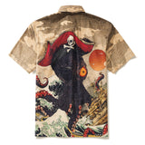 Men's Hawaiian Shirt Short Sleeve Button-down 100% Cotton Brown Aloha Octopus Wave Rider