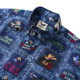 Men's Hawaiian Shirt Short Sleeve Button-down 100% Cotton White Aloha Blue American Patchwork Style Shirt