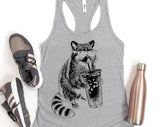 Raccoon Drinking Iced Coffee - Funny Animal Racerback Tank