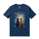 Hawaiian Tee For Men Cats In Love Van Gogh Tee Crew Neck 100% Cotton - NAVY BLUE Cats In Love Van Gogh -navy Blue