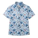 Women's Hawaiian Shirt Short Sleeve Button-up 100% Cotton Blue Aloha Wandering Turtle
