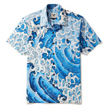 Men's Hawaiian Shirt Short Sleeve Camp Collar 100% Cotton Blue Aloha Wave