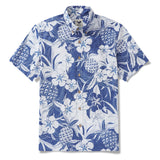 Men's Hawaiian Shirt Short Sleeve Button-down 100% Cotton Blue Aloha Pineapple and Hibiscus Blossom