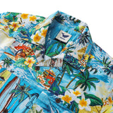 Men's Hawaiian Shirt Short Sleeve Camp Collar 100% Cotton Blue Aloha Hawaiian Beach Collage Art