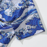 Women's Hawaiian Shirt Ocean Waves Japanese Ukiyo-e Print Cotton Button-up Short Sleeve Japanese Ukiyo-e Women Shirt