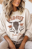 Wild Free Flower Cow Skull Graphic Brushed Sweatshirts