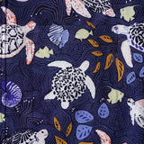 Men's Hawaiian Shirt Short Sleeve Button-down 100% Cotton Blue Aloha Happy sea turtles family navy blue By Annick