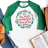 The Most Wonderful Time Raglan 3/4 Sleeve Christmas T-Shirt