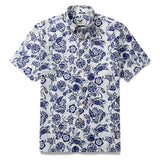 Yiume Men's Blue Hawaiian Shirt 100% Cotton Short Sleeve Button-Down Shirt