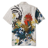 Men's Hawaiian Shirt 100% Cotton Short Sleeve Camp Collar Shirt Rooster and Japanese ukiyo-e Shirt