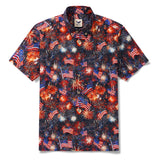Men's Hawaiian Shirt Short Sleeve Button-down 100% Cotton Black Aloha Patriotic Fireworks