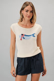 Boat Neck Wide Shoulder USA Fish Graphic Lt Weight Sweater