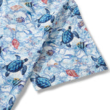 Women's Hawaiian Shirt Short Sleeve Button-up 100% Cotton Blue Aloha Wandering Turtle
