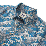 Women's Hawaiian Shirt Short Sleeve Button-up 100% Cotton Blue Aloha Dancing Koi Waves