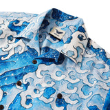Men's Hawaiian Shirt Short Sleeve Camp Collar 100% Cotton Blue Aloha Wave