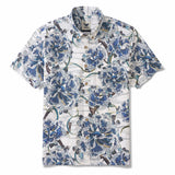 Ocean Waves on Branches 100% Cotton Men's Short Sleeve Button-down collar Shirt White Aloha Hawaiian