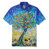 Menâ€™s Blue Hawaiian Shirt â€“ Orchard & Stained Glass Print 100% Cotton Short Sleeve Aloha Shirt