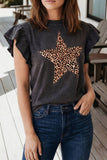 Leopard Star Printed Ruffled Sleeve Mineral Wash Tee (S-Xl)