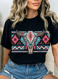 Aztec Pattern Western Cow Skull Graphic Tshirts