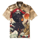 Men's Hawaiian Shirt Short Sleeve Button-down 100% Cotton Brown Aloha Octopus Wave Rider