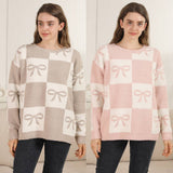Ribbon Checkered Cozy Crew Neck Sweater