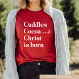 Cuddles Cocoa and Christ Is Born Womens Christmas Graphic Te