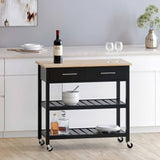 Modern, Black, Kitchen Island, Cart, Wood Top, 2 Drawers, 2 Bottom Shelves