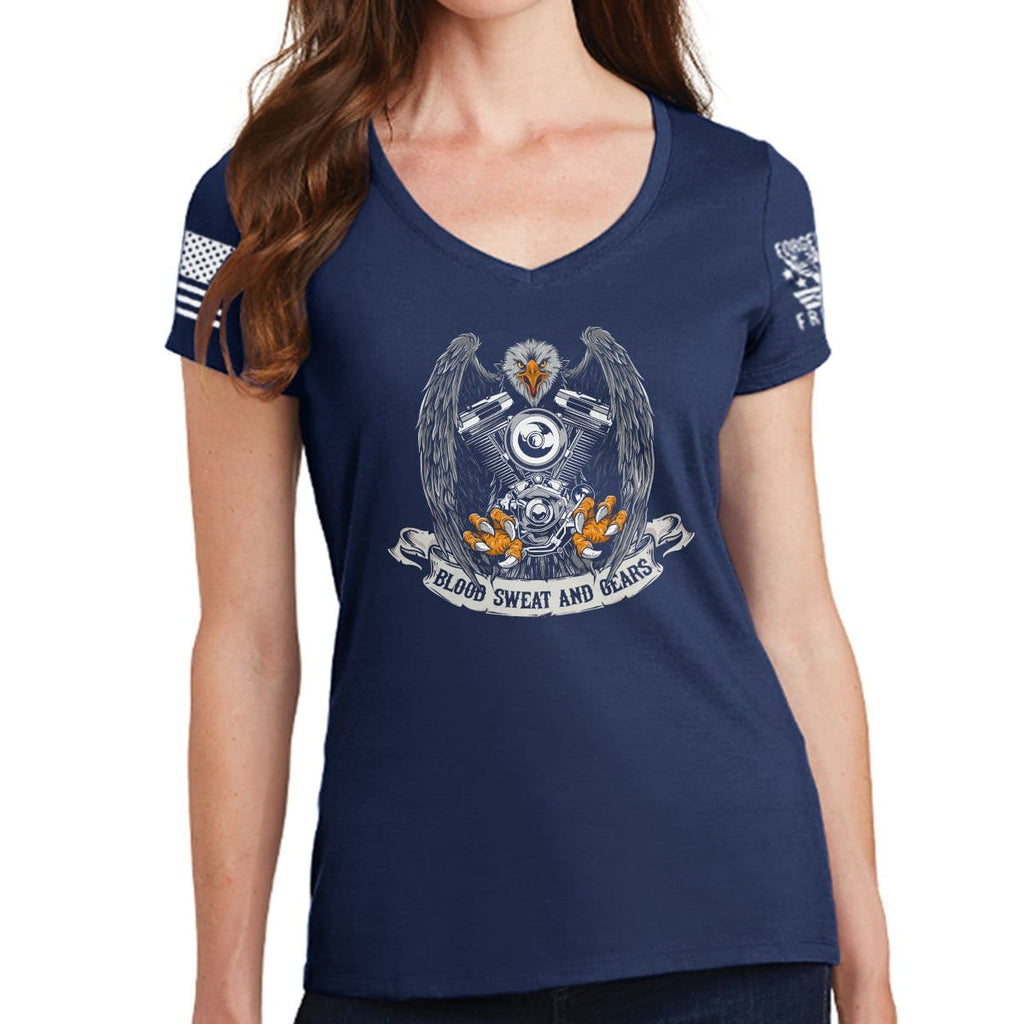Ladies Blood Sweat and Gears V-Neck T-shirt