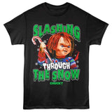 Chucky - Slashing Through The Snow - Officially Licensed - Black Solid Front Print Adult Short Sleeve T-Shirt