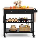 Black, Kitchen, Island Cart, Wood Top, 2 Shelves, 2 Drawers, Locking Wheels