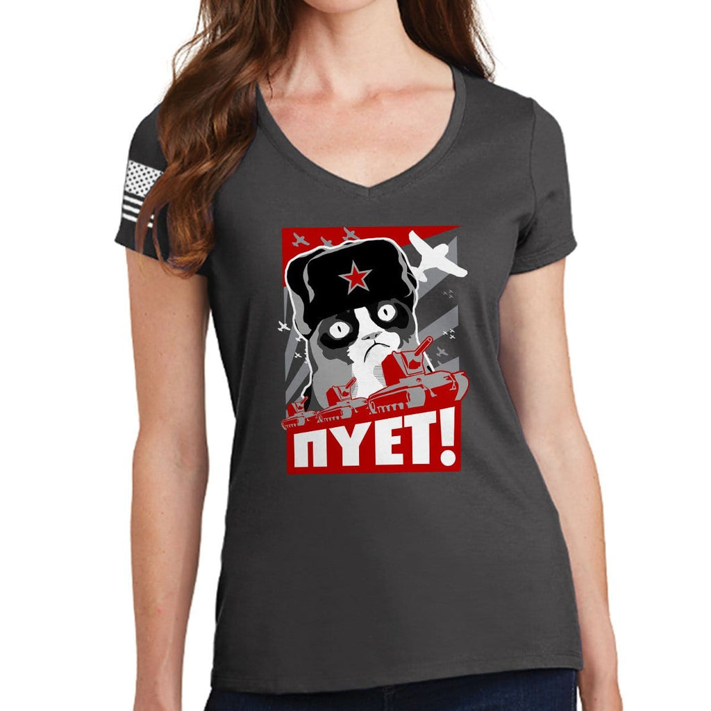 Ladies NIET Grumpy Russian Cat V-Neck T-shirt Style001