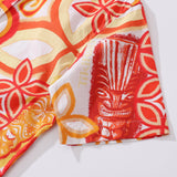 Women's Hawaiian Shirt Orange Totem By Tikirob Print Cotton Button-up Short Sleeve