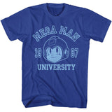 Mega Man - Mega University - Blue Front Print Short Sleeve Solid Adult T-Shirt